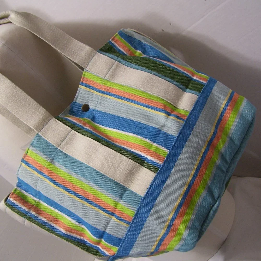 Coldwater Creek Blue Multi Stripped Vegan Canvas Tote Handbag NWOT